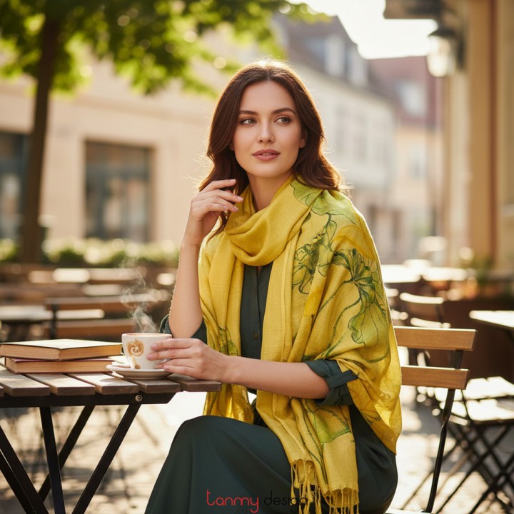Yellow raw silk scarf hand-painted with lotus 85x190cm
